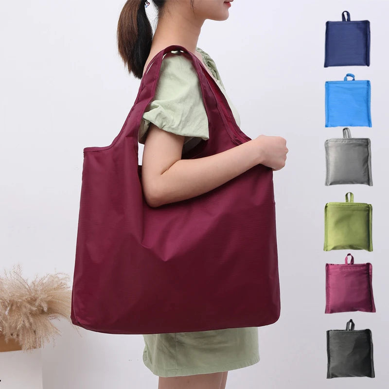 BIG Eco-Friendly Folding Shopping Bag Reusable Portable Shoulder Handbag for Travel Grocery Simple Solid Color Grocery Bag